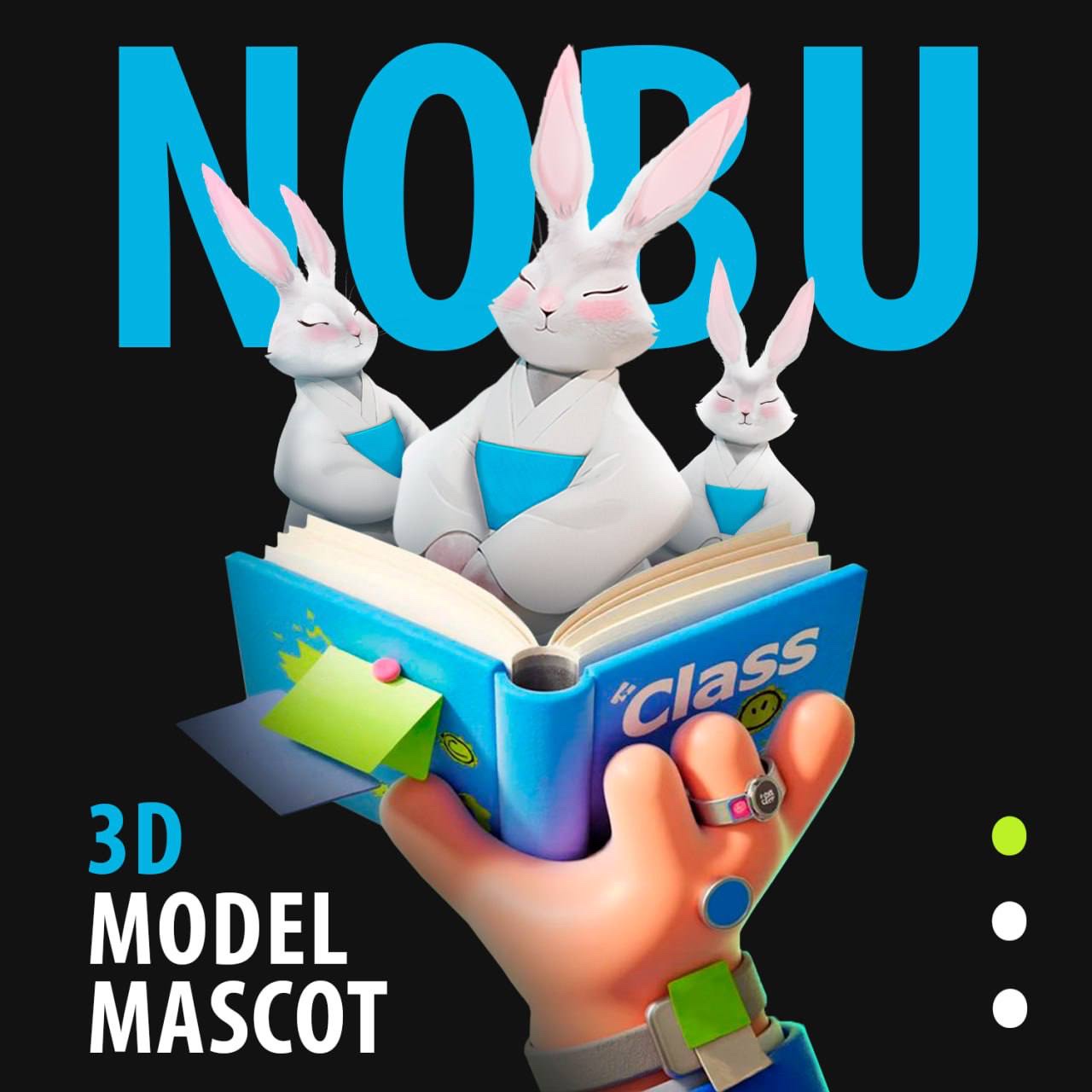 3D-маскот NOBU: три кролика в кимоно на раскрытой книге — проект студии OPEN SPACE